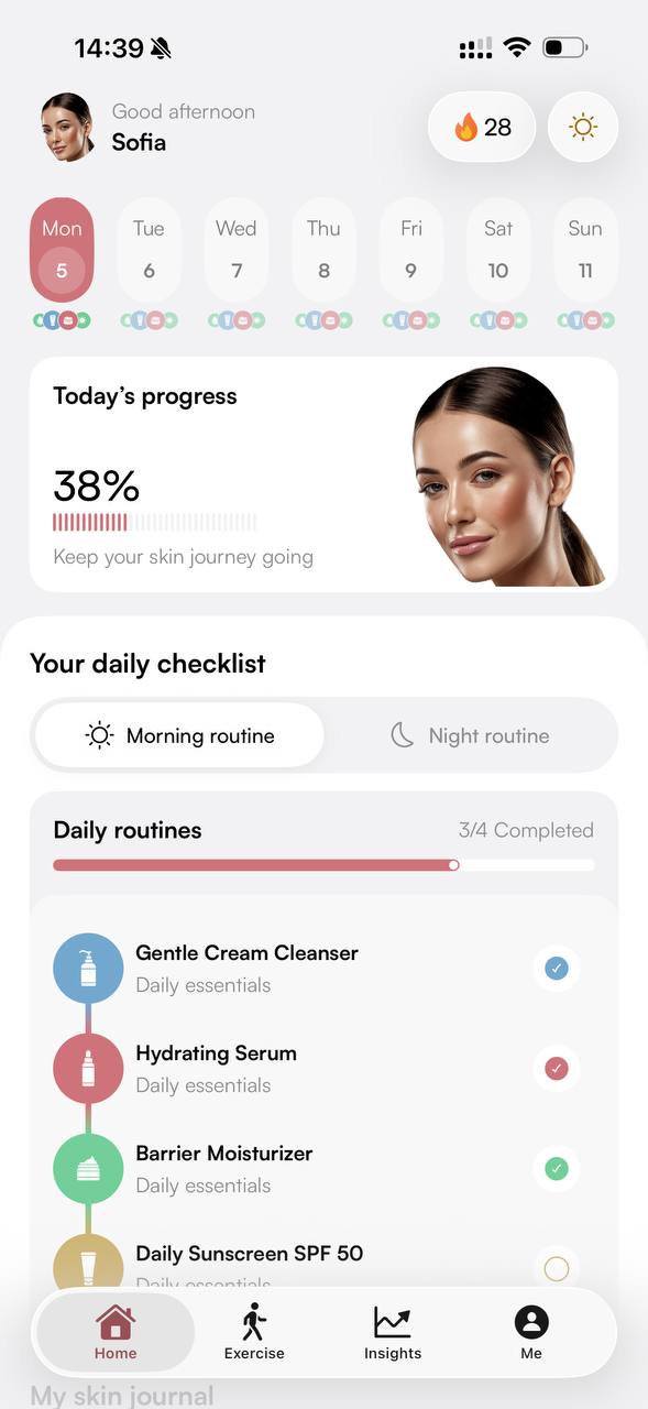The redesigned SkinLab home screen with daily progress, a morning routine checklist, and a 28-day streak