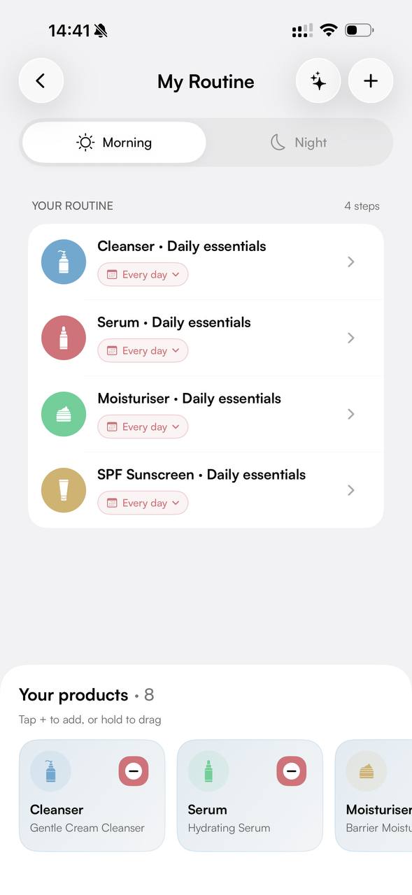 SkinLab My Routine screen showing morning products, daily schedules, and the product collection