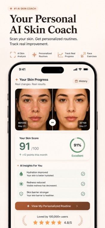 SkinLab app showing AI skin analysis with a before-and-after comparison, a 91/100 skin score, and personalized AI insights