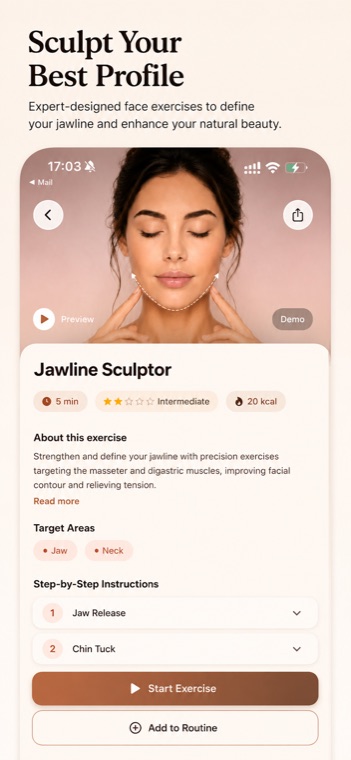 SkinLab Jawline Sculptor face exercise with a 5-minute guided demo, target areas, and step-by-step instructions