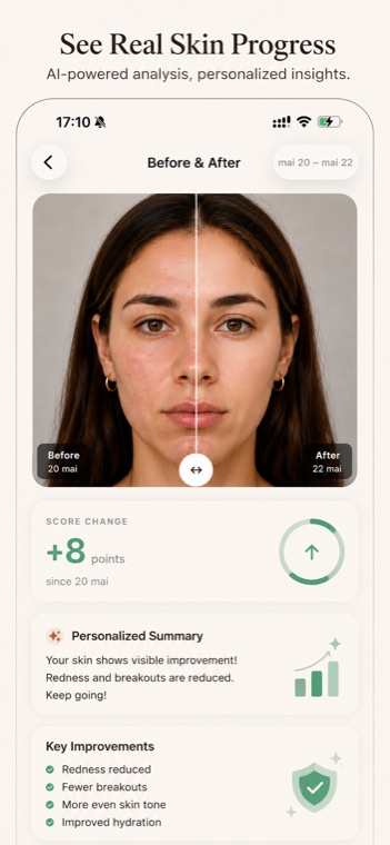 SkinLab Before & After comparison showing a +8 point score change and a personalized summary of key skin improvements