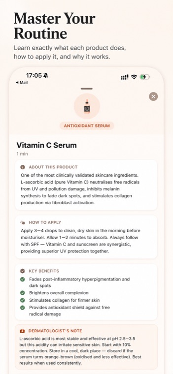 SkinLab product detail for a Vitamin C serum, explaining what it does, how to apply it, key benefits, and a dermatologist's note